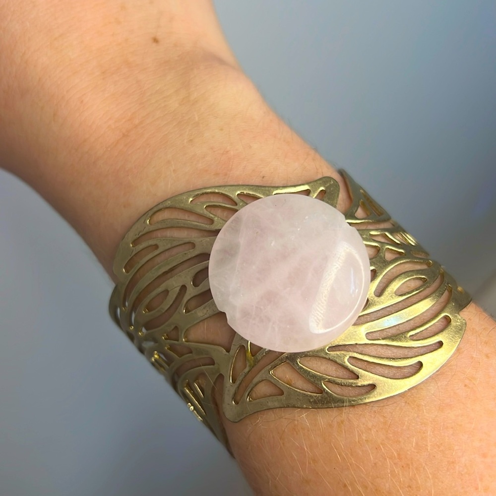 Gold and rose quartz cuff style bracelet